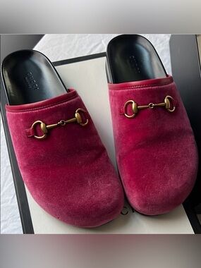 Gucci Pink Velvet Horsebit Mules